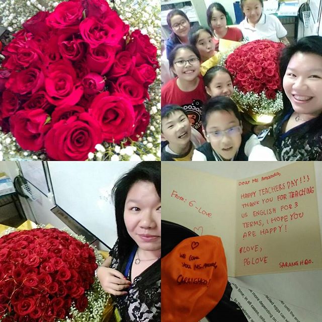 Aft distributing to the teachers n admin, I still manage to make a bouquet of 57roses. Frm all of us, thanks 6 Love, Sarangheyo!