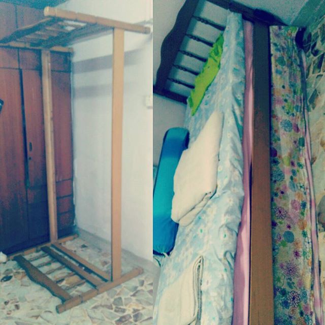 1/2 of the 20+yr old double decker bedframe w/o base plank bcos neighbour (my sometimes-nanny) moved and we inherited their diong-diong mattresses.
